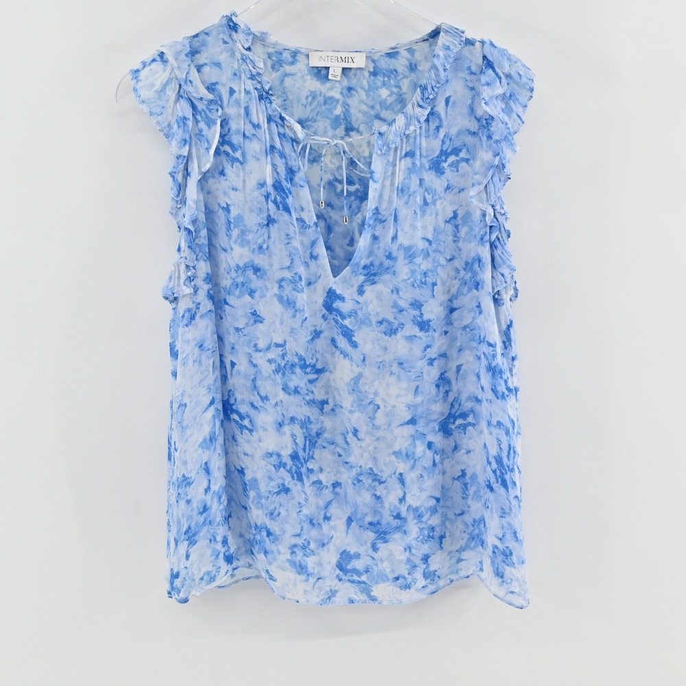Intermix Watercolor Ruffle Sleeveless Blouse Womens Size L Blue‎ White Tie Neck
